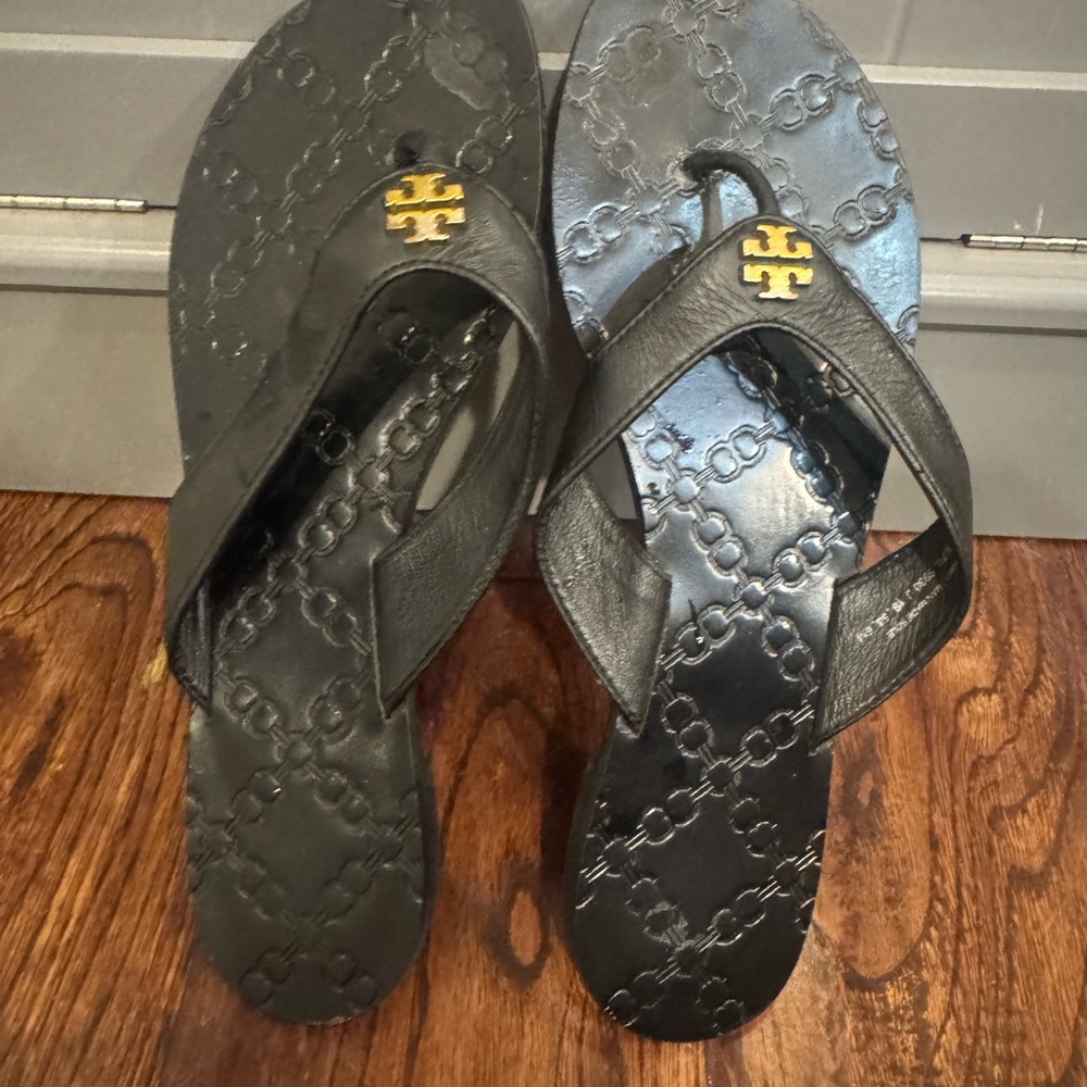 Tory Burch Black Sandals with Gold Emblem